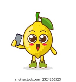 lemon fruit cartoon character holding a smartphone