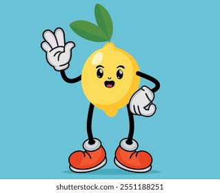 Lemon Fruit Cartoon Mascot Waving Hand with Happy Expression in Flat Cute Cartoon Style or Lemon Fruit Cartoon Mascot with Arms and Legs