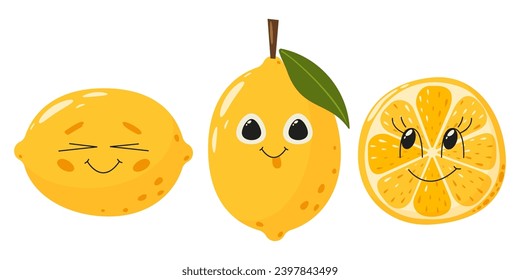 Cara de fruta limón con cara. Ilustración de vectores de vitamina de verano aislada en blanco. Rebanada y fruta entera