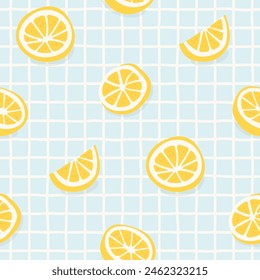 Lemon fruit circle slice seamless pattern illustration. Modern yellow cooking ingredient cartoon background. Fresh citrus cocktail or restaurant backdrop.	