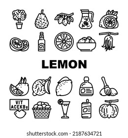 lemon fruit citrus slice fresh icons set vector. leaf, yellow food, lemonade juice, cut half, juicy citron, peel sour tropical leaves lemon fruit citrus slice fresh black contour illustrations