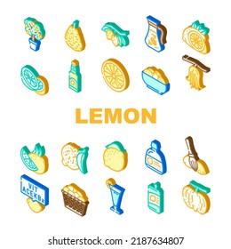lemon fruit citrus slice fresh icons set vector. leaf, yellow food, lemonade juice, cut half, juicy citron, peel sour tropical leaves lemon fruit citrus slice fresh isometric sign illustrations