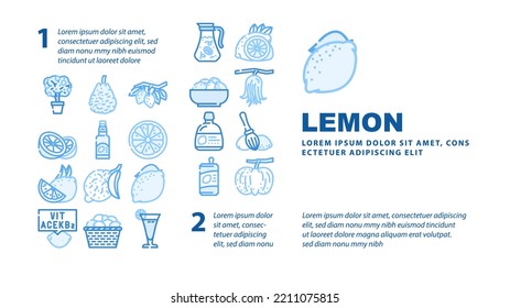lemon fruit citrus slice fresh landing web page header vector. leaf, yellow food, lemonade juice, cut half, juicy citron, peel sour tropical leaves lemon fruit citrus slice fresh Illustration