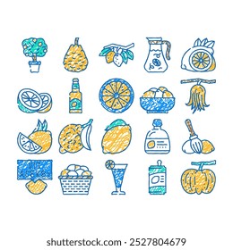 lemon fruit citrus slice fresh doodle icons set vector. sketch line art leaf, yellow food, lemonade juice, cut half, juicy citron, peel sour tropical leaves lemon fruit slice fresh color illustrations