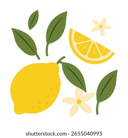 Ilustração do vetor de clipart de frutas de limão. Limões inteiros, fatias, folhas e flores em estilo de verão plano