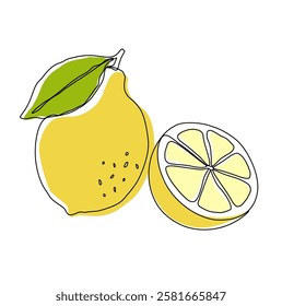 Lemon fruit in continuous line art drawing style. Orange fruit concept accompanied by lemon fruit in line art drawing. Vector art illustration.