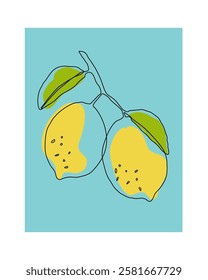 Lemon fruit in continuous line art drawing style. Orange fruit concept accompanied by lemon fruit in line art drawing. Lemon fruit design for print, cover, wallpaper, minimalist wall art. 