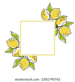 Lemon fruit in continuous line art drawing style in frame. Orange fruit concept accompanied by lemon fruit in line art drawing. Lemon fruit design for print, cover, wallpaper, minimalist wall art.