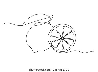 Zitronenfrucht mit geschnittener Zitronenfrucht im Stranggussstil. Orangefarbenes Obstkonzept, begleitet von Zitronenscheiben im Doodle-Stil auf weißem Hintergrund. Vektorgrafik