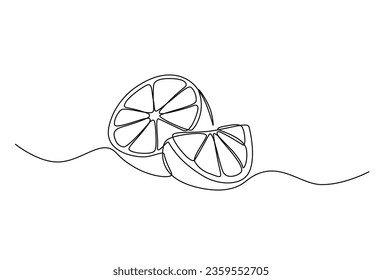 lemon fruit with cut lemon fruit in continuous line art drawing style. Orange fruit concept accompanied by lemon slices in doodle style on a white background. Vector illustration