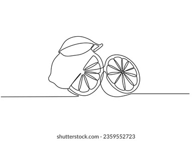 fruta de limón con limón cortado en forma de dibujo de línea continua. El concepto de fruta naranja se acompaña con lonchas de limón en forma de doodle sobre un fondo blanco. Ilustración del vector