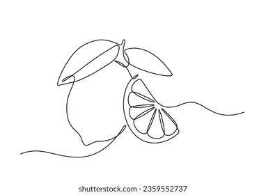 lemon fruit with cut lemon fruit in continuous line art drawing style. Orange fruit concept accompanied by lemon slices in doodle style on a white background. Vector illustration