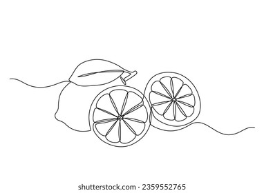 fruta de limón con limón cortado en forma de dibujo de línea continua. El concepto de fruta naranja se acompaña con lonchas de limón en forma de doodle sobre un fondo blanco. Ilustración del vector