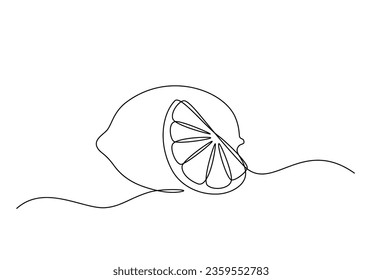 lemon fruit with cut lemon fruit in continuous line art drawing style. Orange fruit concept accompanied by lemon slices in doodle style on a white background. Vector illustration