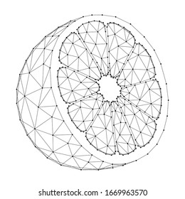 Lemon fruit cut piece from abstract futuristic polygonal black lines and dots. Vector illustration.