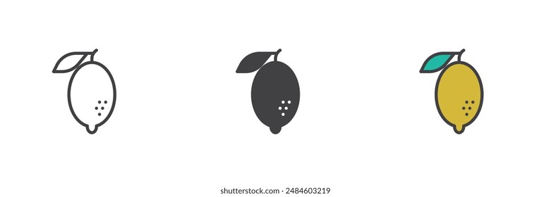 Lemon fruit different style icon set. Line, glyph and filled outline colorful version, outline and filled vector sign. Vitamin food symbol, logo illustration. Vector graphics