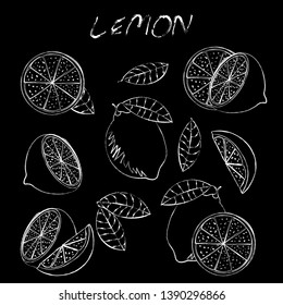 Lemon fruit drawing. Sketch of lemons with chalk on blackboard.