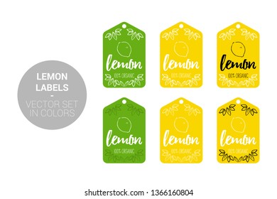 Lemon fruit Eco labels vector set in green, yellow colors. Cartoon Advertising hundred percent organic Stickers. Citrus fruit Badges with Hand drawn lemon and little leaves ready for web and Print