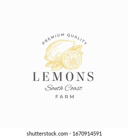 Lemon Fruit Farms Abstract Vector Sign, Symbol or Logo Template. Hand Drawn Lemons with Leaves Sketch with Retro Typography. Vintage Luxury Emblem. Isolated.