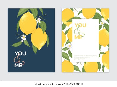 Lemon fruit with flower background template. Vector set of lemon element for wedding invitations, greeting card, voucher, brochures and banners design.