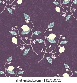 lemon fruit and flower branch seamless pattern