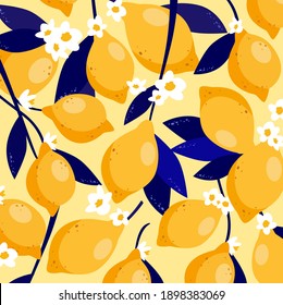 Lemon fruit and flower vector pattern. Food illustration, vector pattern design. Fresh yellow ripe fruit illustration pattern.