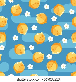 Lemon fruit and flowers tree seamless flat pattern. Purple with white blossom.