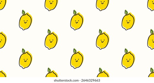 Lemon. Fruit funny character. Seamless pattern. Vector illustration on white background.