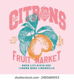 Zitrone Frucht-Grafik in Vektorgrafik , Sommer-Food-Design, handgezeichnete Frucht-Kunstwerke, Zitrone Slogan Vintage Typografie Text-Print-Design, trendige Lebensmittel Mode T-Shirt, Sweatshirt