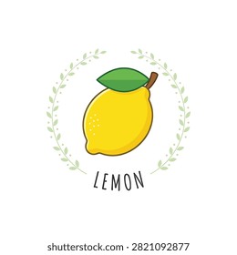 Lemon fruit with green leaf attached