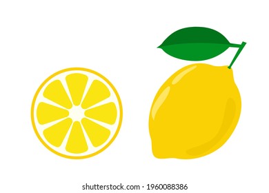 Lemon fruit with green leaf and slice.