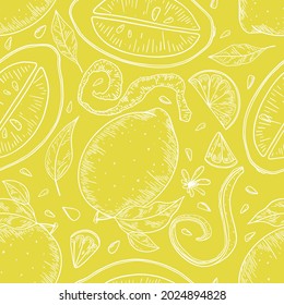 Lemon fruit hand drawn seamless pattern with white outlines on yellow background for textile, print, background, highlights. Vector illustration
