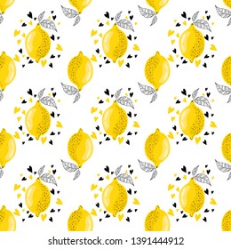 Lemon fruit with hearts on a white background. Yellow citruses with leaves. Banner, poster, print, wrapping paper, modern textile design. Vector illustration.