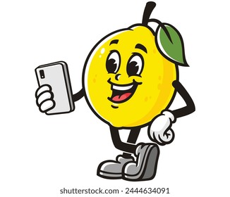 Lemon fruit holding gadget cartoon mascot illustration character vector clip art hand drawn