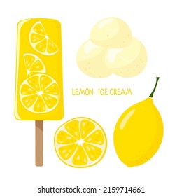 Lemon fruit Ice Cream. Lemon ice cream on stick, ice cream balls, lemon fruit. Sweet delicious frozen summer dessert. Flat vector Illustration for design, poster, banner, menu, recipes. 