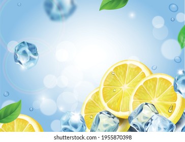 Frutos de limón con cubos de hielo sobre un fondo refrescante. Caer cortes de limón realistas vectores.