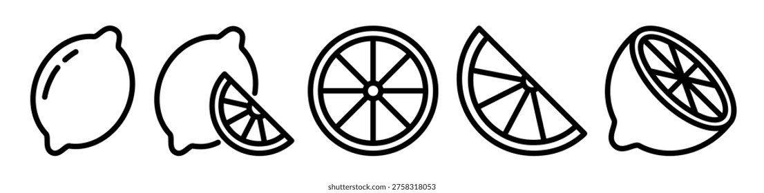 Lemon fruit icon collection with whole lemon, wedges and slices. Outline pictograms with contour and editable stroke. Food and citrus concept.