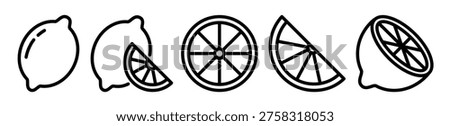 Lemon fruit icon collection with whole lemon, wedges and slices. Outline pictograms with contour and editable stroke. Food and citrus concept.