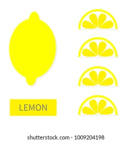 Lemon fruit icon set. Yellow slice in a row. Cut half. Healthy lifestyle food. Flat lay design. Pastel bright color. Top air view. White background. Isolated. Vector illustration