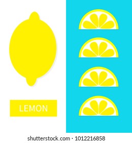 Lemon fruit icon set. Yellow slice in a row. Cut half. Healthy lifestyle food. Flat lay design. Pastel bright color. Top air view. White Blue background. Isolated. Vector illustration