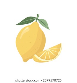 Lemon fruit illustration isolated on white. Lemon slice with leaves