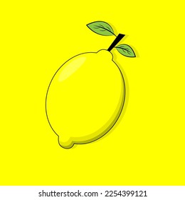 Zitronenfruchtgrafik, Vektorgelbe Zitronenfrucht mit zwei grünen Blättern und gelbem Hintergrund