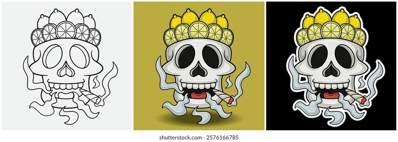 Lemon Fruit Inside Skull Head With Smoking Character Cartoon. Black White, Colorful and Sticker Style. For T shirt print, Brand Logo, Label and Mascot product. Vectors Illustrations