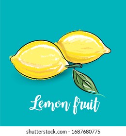 Lemon fruit with leaf, water color paint by hands drawn over green as food background. Vector painting design