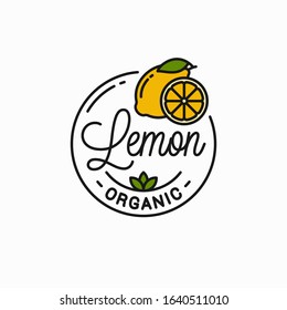 Lemon fruit logo. Round linear logo of lemon slice on white background