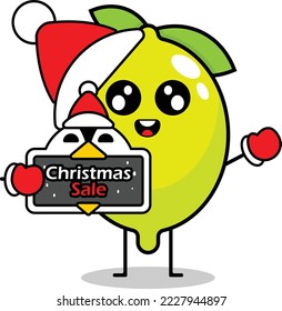 personaje de caricatura vectorial de mascota de frutas de limón con sombrero de santa y cartón de venta de navidad