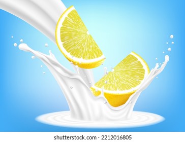 Lemon fruit in milk or yoghurt splash. Fresh lemon slices falls into the milk. An element for your packaging design. Realistic 3d vector