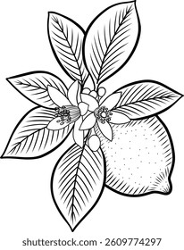 Lemon fruit on a branch with leaves and flowers vector illustration in sketch style. Hand drawn line art of blooming citrus twig on isolated background. Shaded image for packaging and design.
