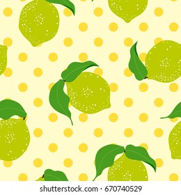 Lemon fruit on a polka dot  seamless pattern background. 

