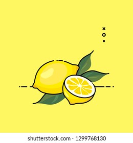 Lemon fruit open by half isolated in yellow background. Flat vector illustration